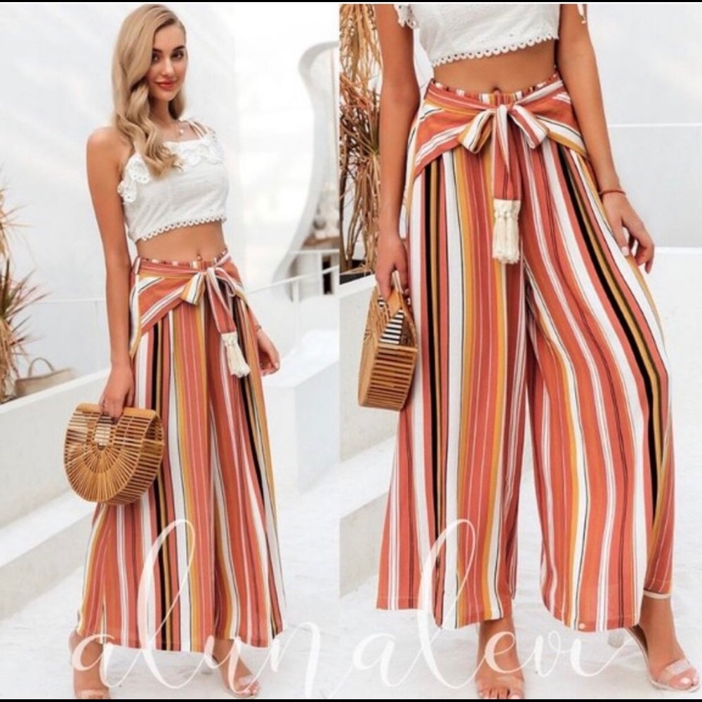 🌸 NEW 🌸 Front tie orange striped pants, boho